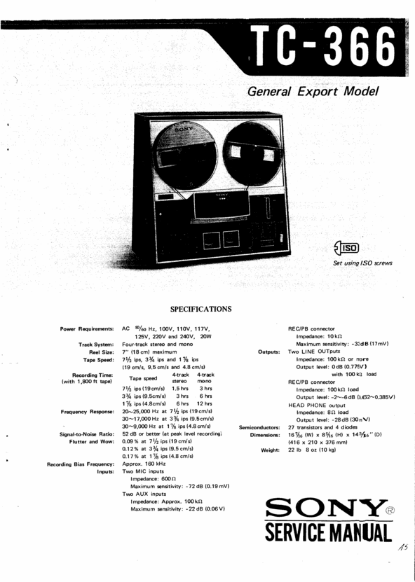 Sony TC366 reel to reel tape recorder Service Manual Download M...