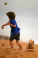 Thumbnail A boy throws a ball for his dog on the beach