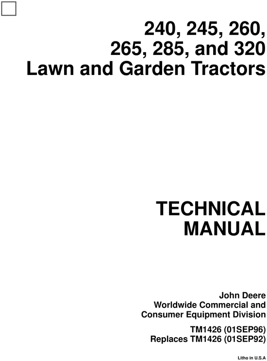 Pay for JD 240 245 260 265 285 320 Lawn & Garden Tractors Repair Service Technical Manual TM-1426