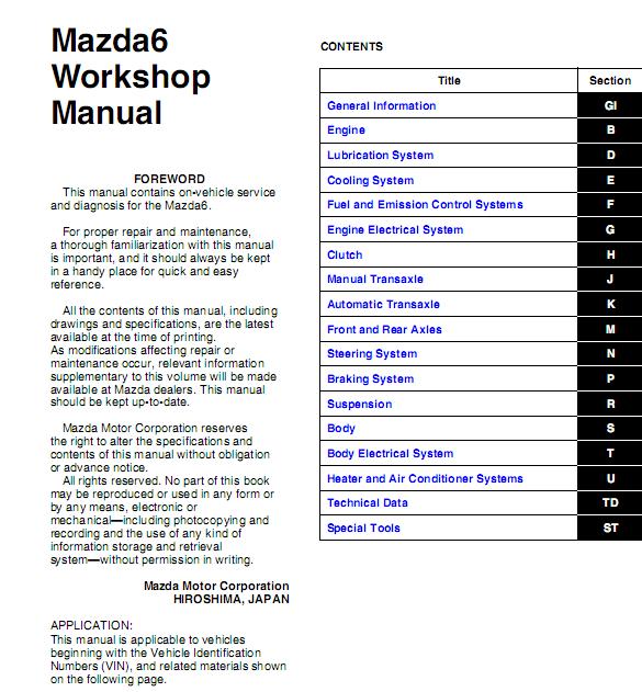 MAZDA MAZDA 6 20132014, SERVICE, REPAIR MANUAL Download Manuals