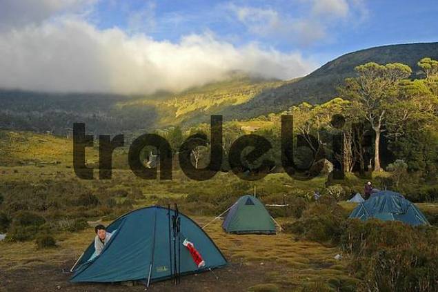 campground in Waterfall Valley on Overland Track in Cradle Mountain...